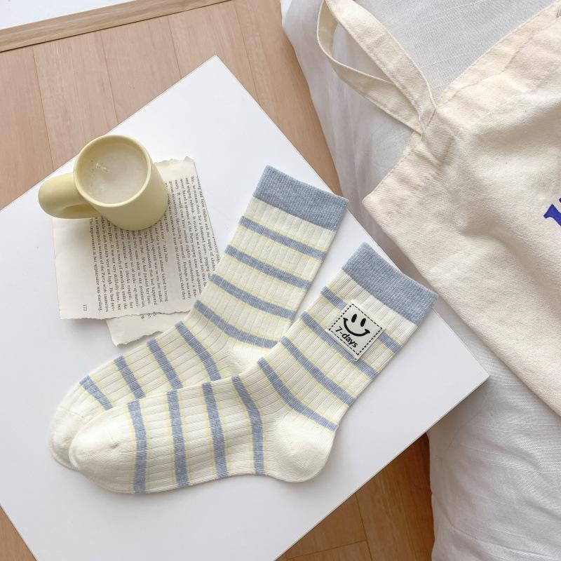 Cartoon Smiley Face Cloth Label Thin Breathable Socks Striped Casual Pile Socks