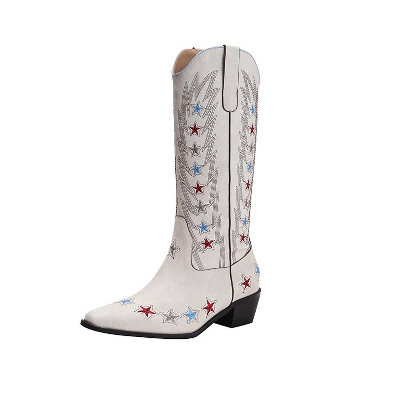 2025 summer new retro medium tube pointed western cowboy boots women's thick heel versatile knight boots sleeve high boots
