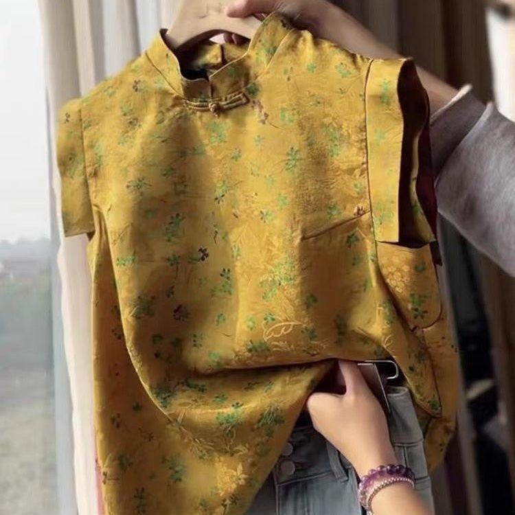 

New Chinese Style Floral Shirt for Women Summer Beautiful Temperament Small Top Short Sleeved Shirt 2XL жовтий