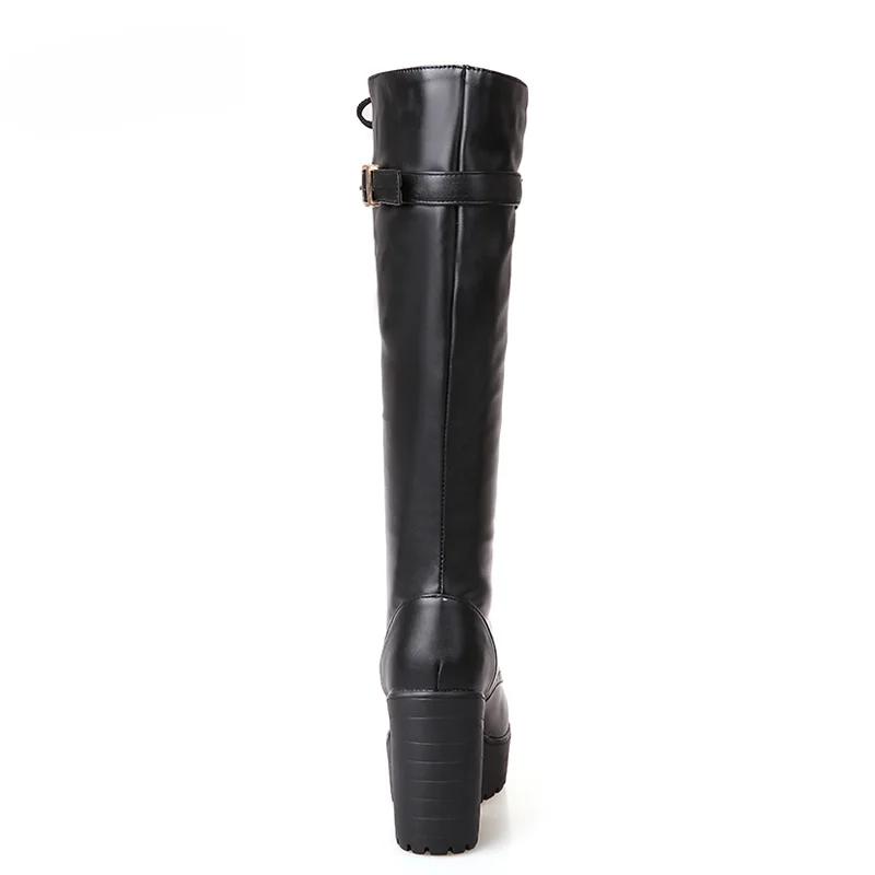 Lace Up Knee High Boots Women's Fashion White Round Toe Square Heel Knight Boots Winter Platform PU Women Shoes Large Size 42 43