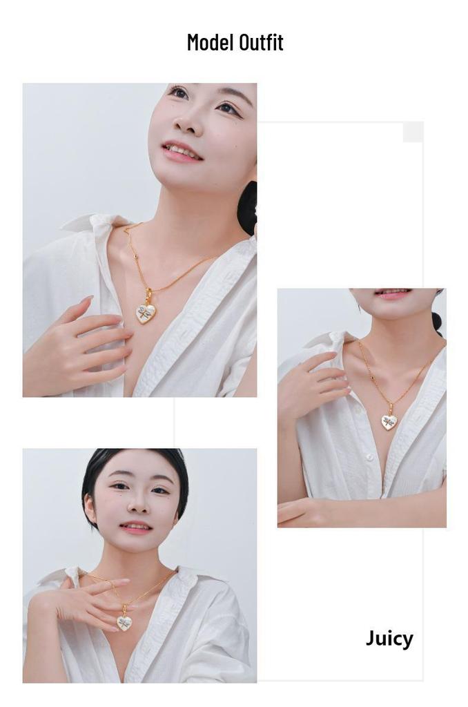 White Heart & Rhinestone Dragonfly Pendant Necklace for Women