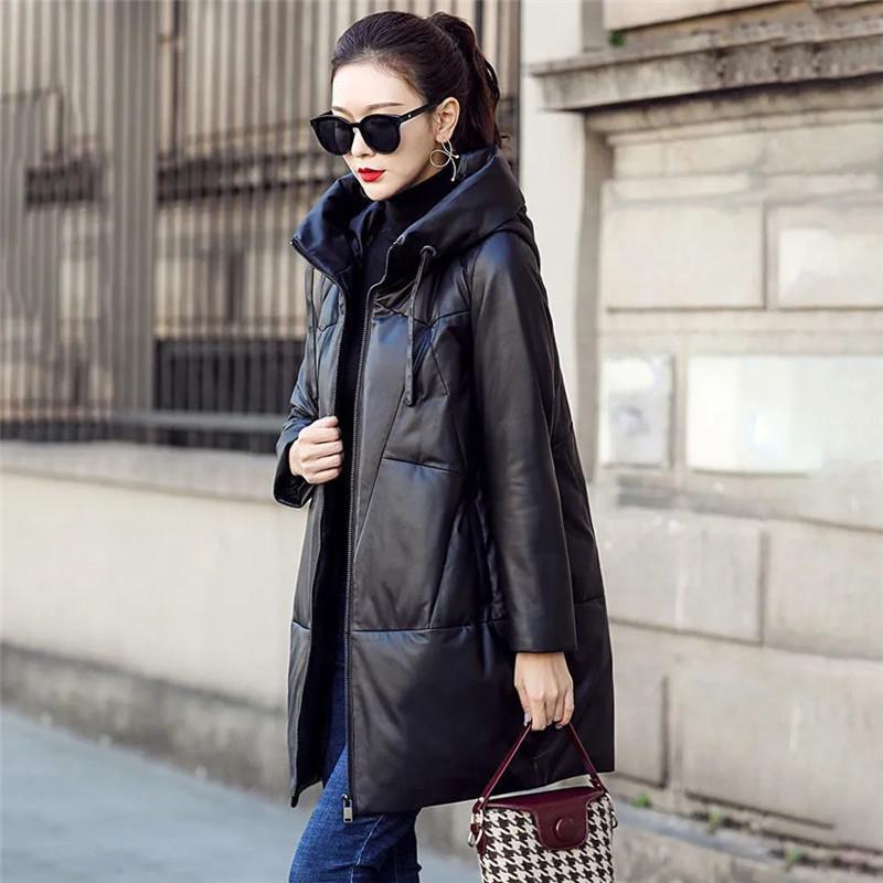 Winter Women's Warm Hooded PU Leather Jacket Thicken Snow Parkas Black Loose Long Coat Windproof Female Cotton Leather Overcoat