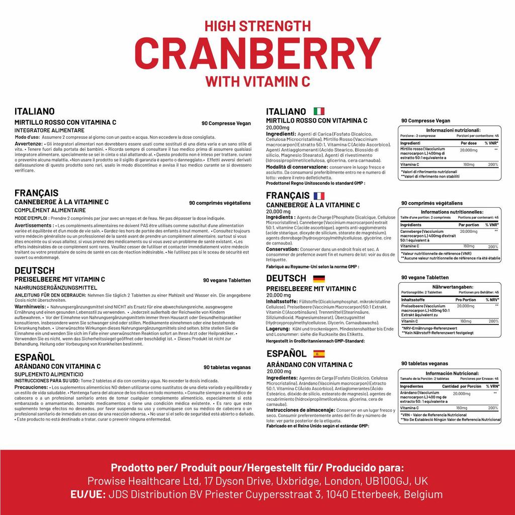 Double Strength Cranberry 20,000mg Added with Vitamin C - 90 Vegan Tablets