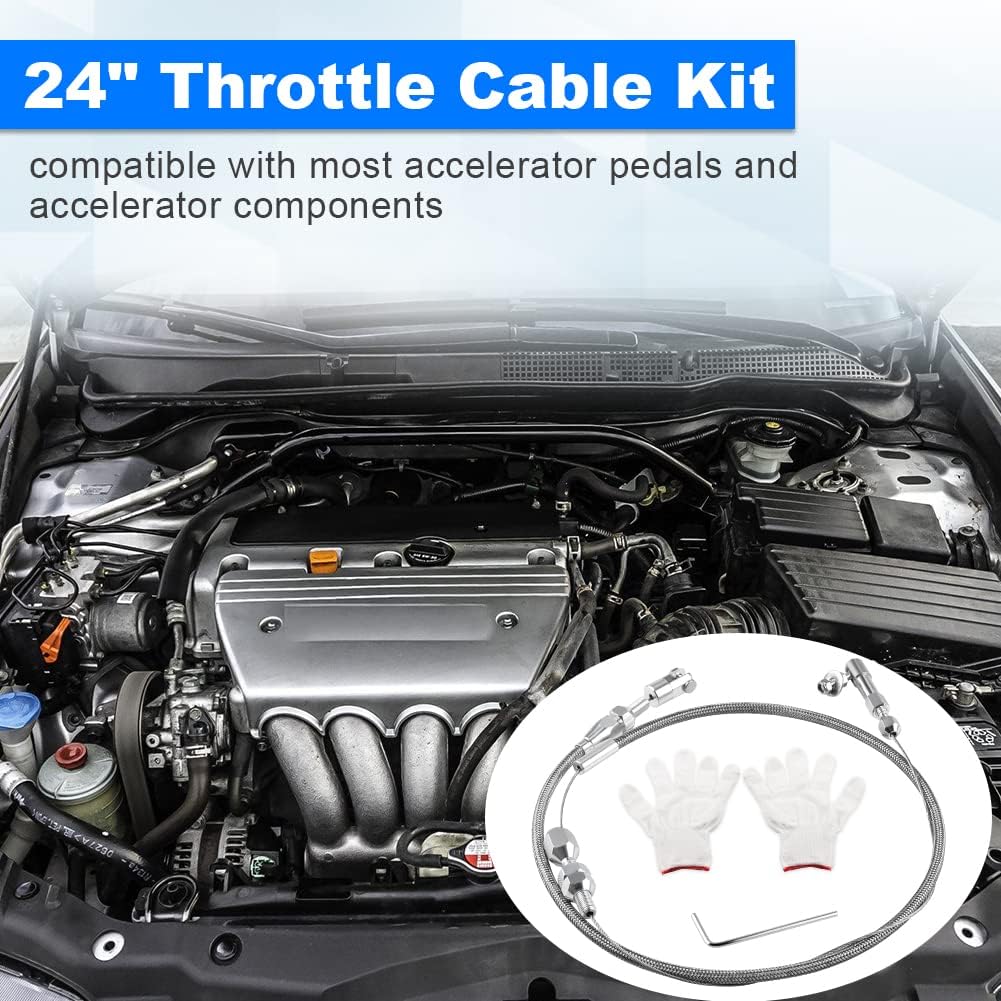 

24 Inch Universal Throttle Cable Kit with Aluminum Fittings Ferrules, Adjustable Stainless Steel Braided Swap Fuel Line with U-cut-to-fit Inner Wire