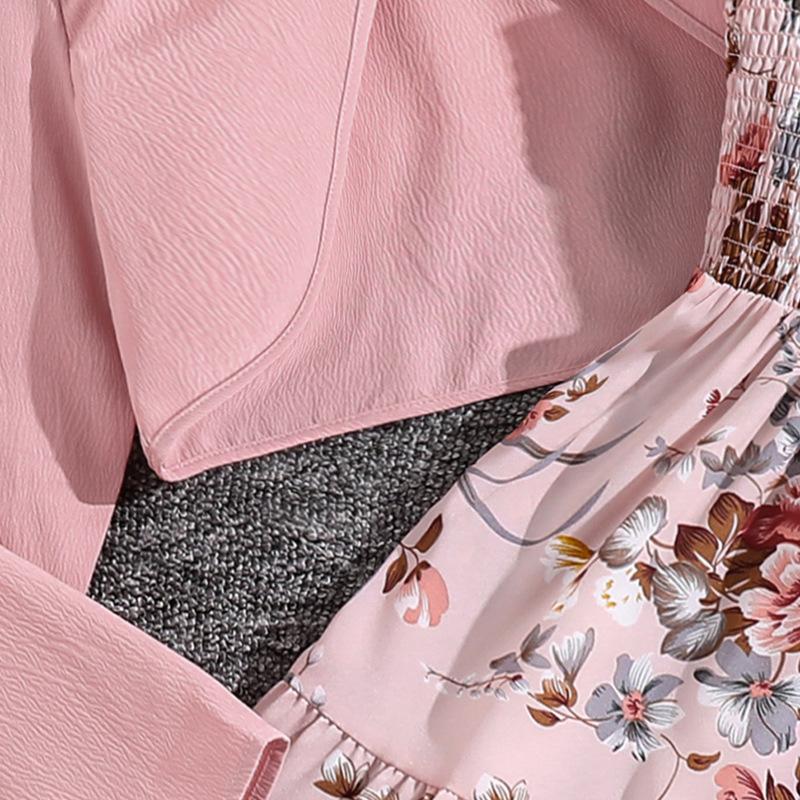 8-12Y Girls' Suit Spring  Autumn and Winter Long-sleeved Cardigan Jacket + Sweet Floral Halter Dress Two-piece Set