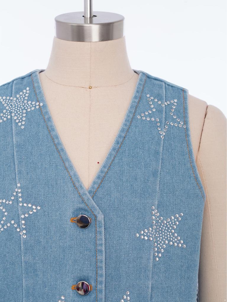 Girls Shiny Rhinestone Stars Denim Vest Buttons Sleeveless Jacket Asymmetrical Waistcoat Birthday Party Top