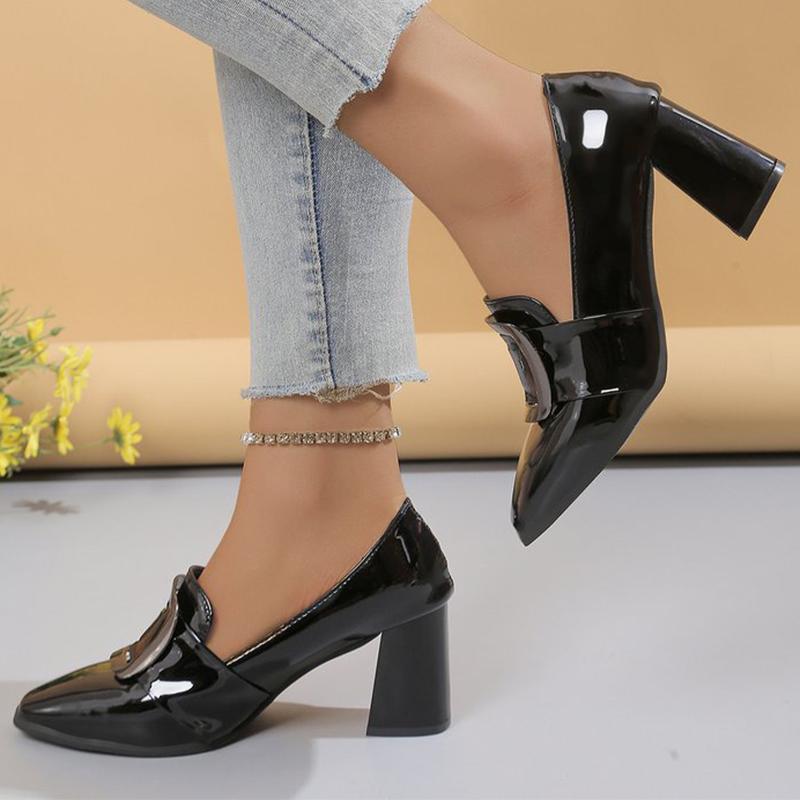 Mode Schwarz PU Leder Absatzpumps Damen 2025 Retro Metalldekoration Slipper Pumps Frau Eckige Zehenpartie Rutschfest Hohe Absätze Schuhe Damen