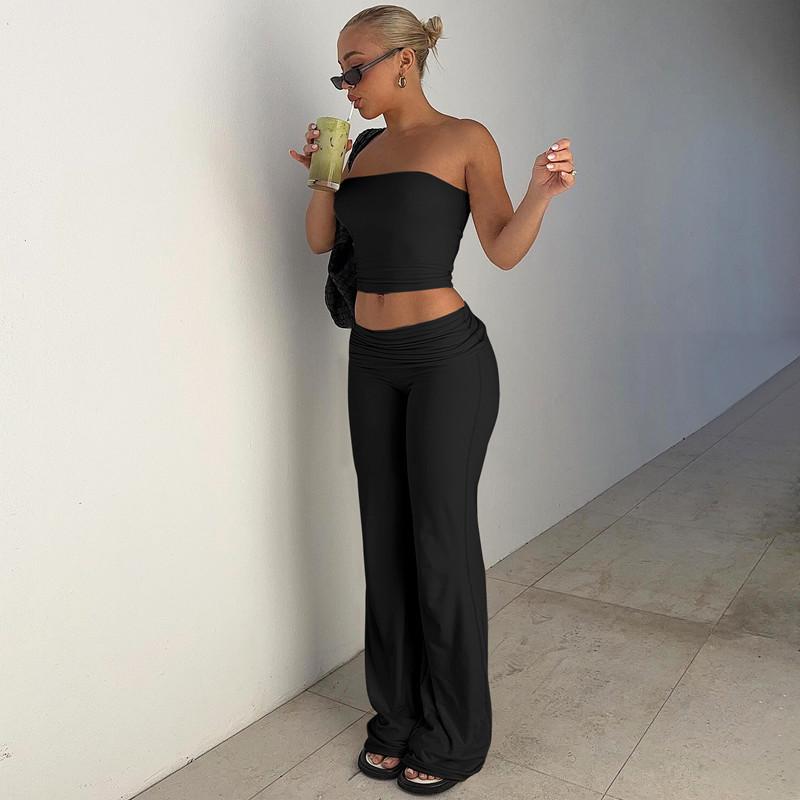 Women's Spring 2025 Solid Strapless Top and Flared Pants Slimming Fashion Set