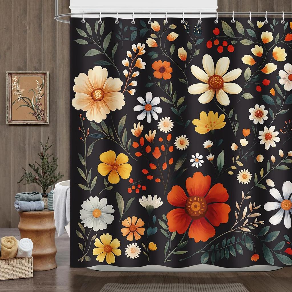 Vintage Black Floral Shower Curtain Retro Shower Curtains for Bathroom Colorful Flower Decor for Bathroom Picture Print Fabric