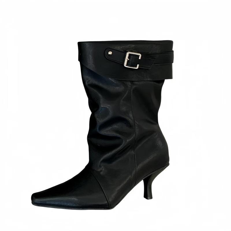 Jiang Zhenyu thin heel pointed pleated boots women's autumn new casual versatile high heel pile boots tide