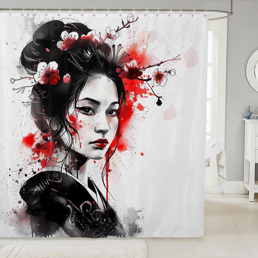 Kids Japanese Geisha Shower Curtain Boys Girls Cherry Blossoms Bathroom Shower Curtain Set Japanese Style Bath Curtain