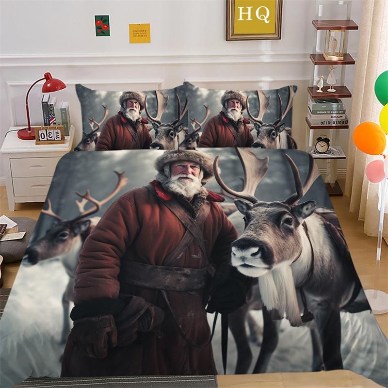 Jultomte Älg 3D-printad Polyester Kuddfodral Täcke Överdrag Två Eller Tre Delars Set
