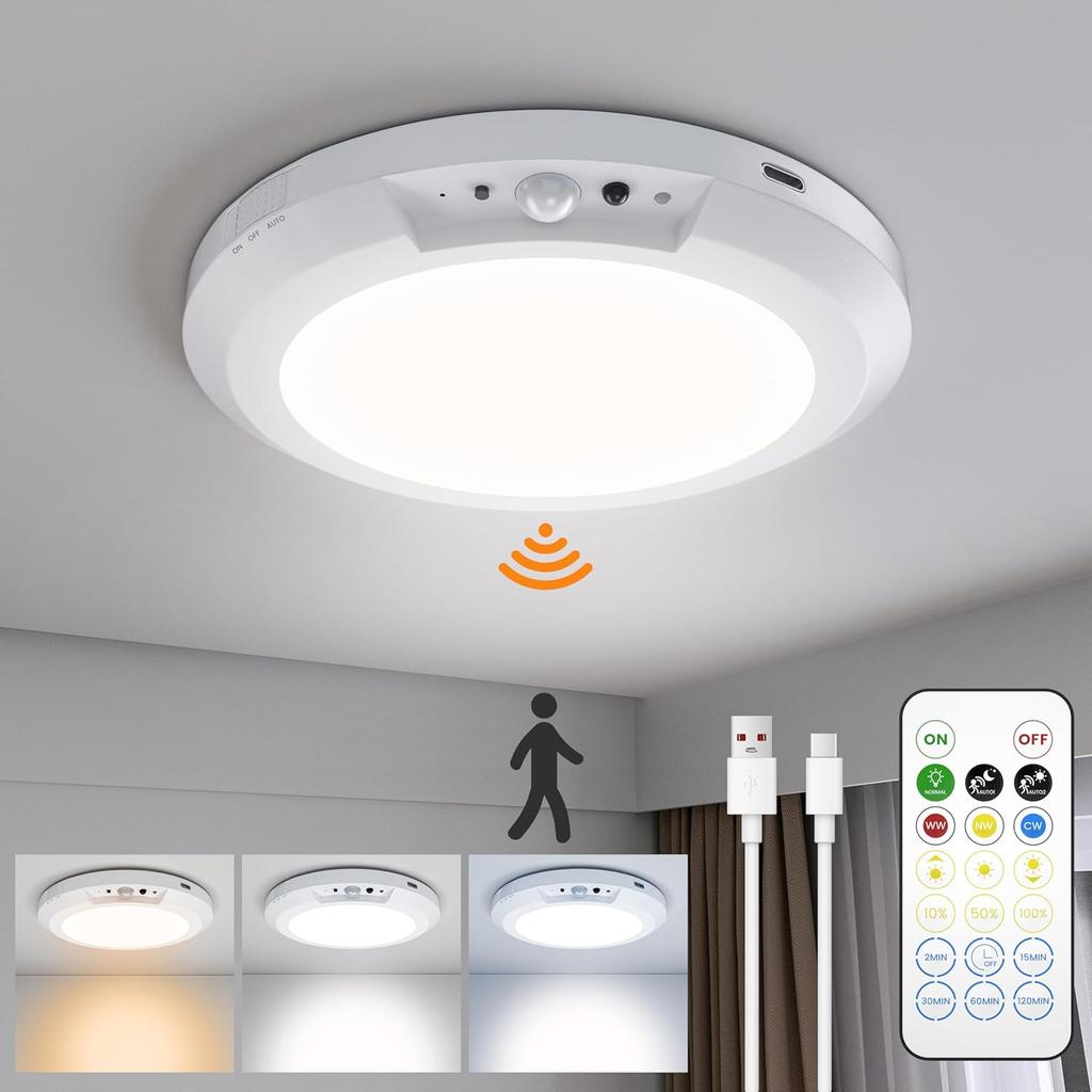 6000mAh Motion Sensor Ceiling Light 360° Wireless Rechargeable LED Shower Lights for Pantry Stairs Garage Hallway Night Light