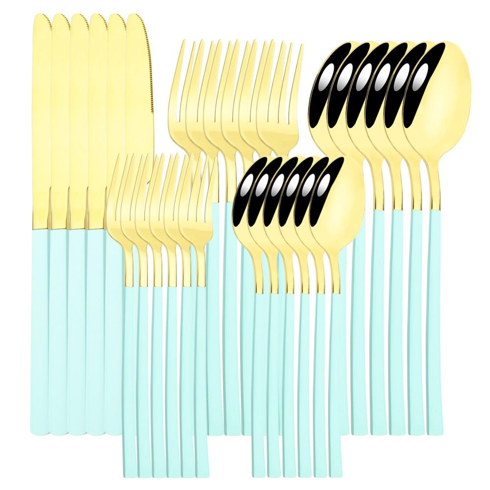 30pcs Black Gold Western Dinnerware Set Stainless Steel Cutlery Set Knife Dessert Fork Spoon Tableware Set Flatware Silverware