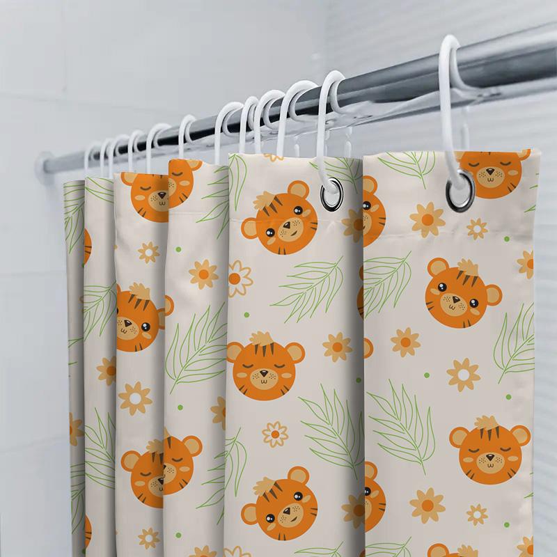Kids Bath Shower Curtain Orange Tiger Green Leaf Floral Design For Bathroom Decorations – Machine Washable Fabric Waterproof Sho