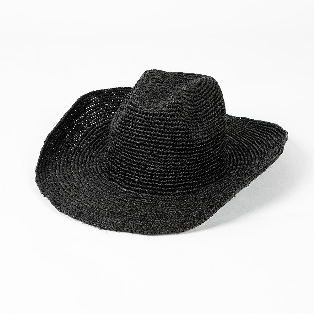Handgehäkelter Western-Cowboyhut aus natürlichem Raffiastroh für Damen Herren Sommer Breiter Rand Sonnenhut Outdoor Atmungsaktiv Strand Panama