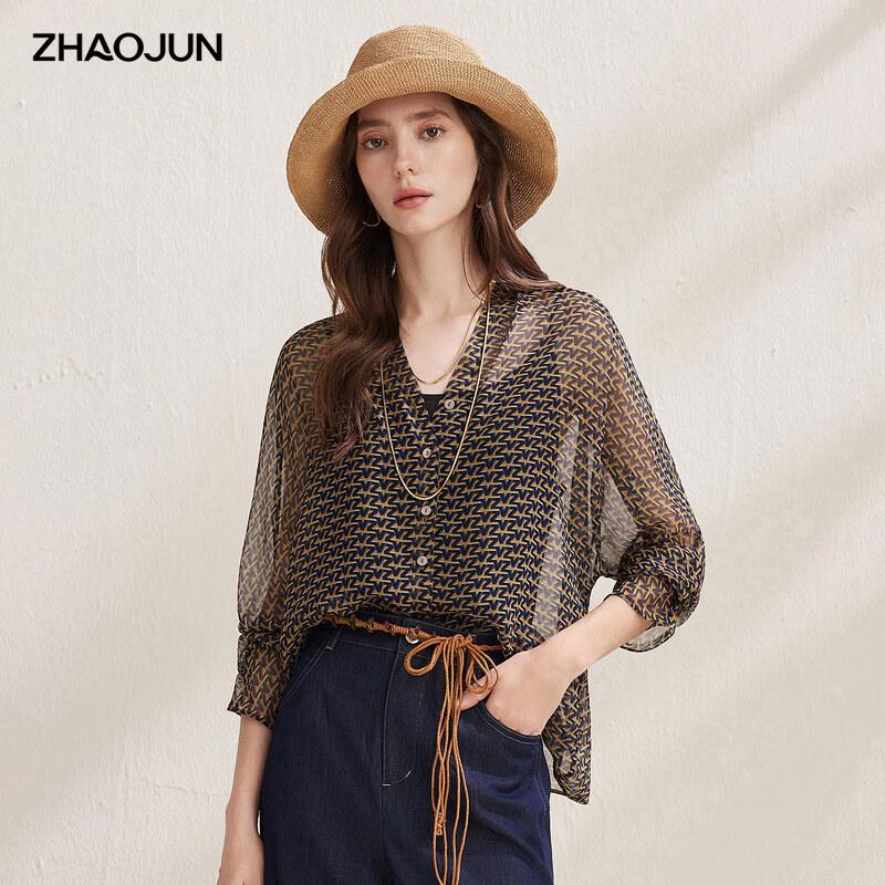 Zhaojun Women s Floral Print Mulberry Silk Long-Sleeve Blouse L
