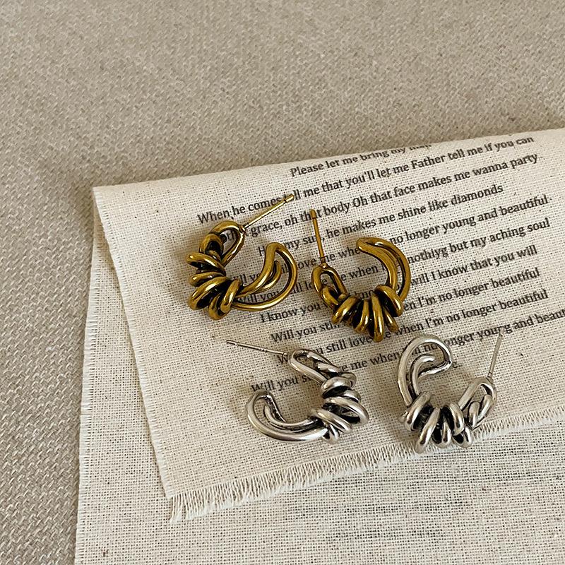 Irregular Lines Wrapped Metal Stud Earrings Women Retro Old Personality Unique Fashion Commuting Versatile Earrings