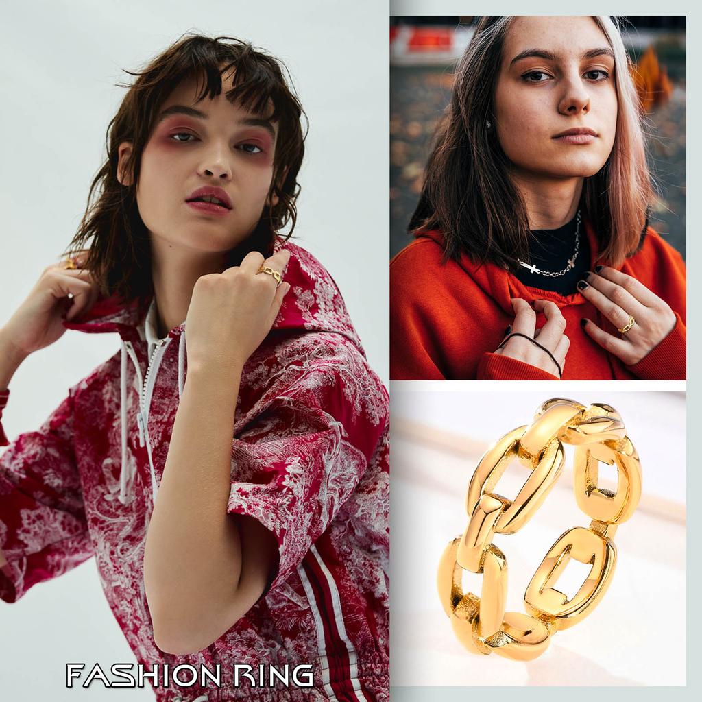 Thick Cable Chain Ring for Women , Stainless Steel Link Rings, Gold Color Stacking Statement Minimalist Jewelry