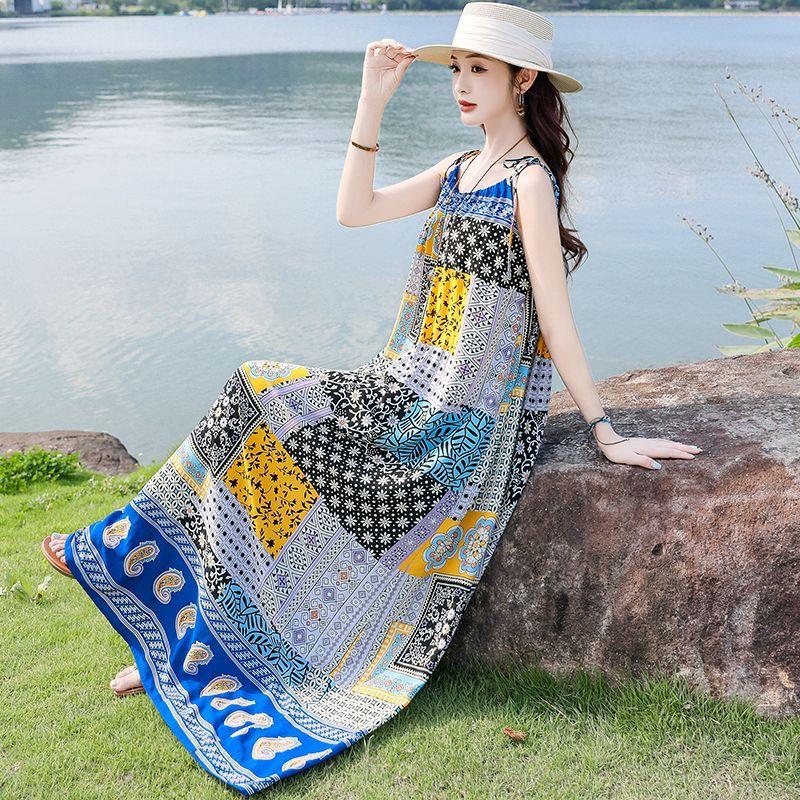 Fashion Floral Sleeveless Cotton Maxi Dress Summer Boho Style Casual Wear for Women