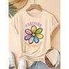 Women's Elegant Short-Sleeve Gift with Rainbow Daisy Positive Energy Quote Print Pattern and Vintage Round Neck T Fresh and Natural Style