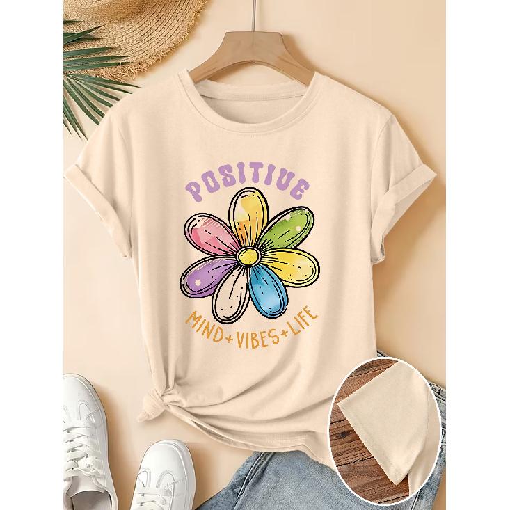 Women's Elegant Short-Sleeve Gift with Rainbow Daisy Positive Energy Quote Print Pattern and Vintage Round Neck T Fresh and Natural Style
