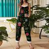 Damen Jumpsuit Print Casual Loose Vintage Schultergurt Baumwolle Leinen