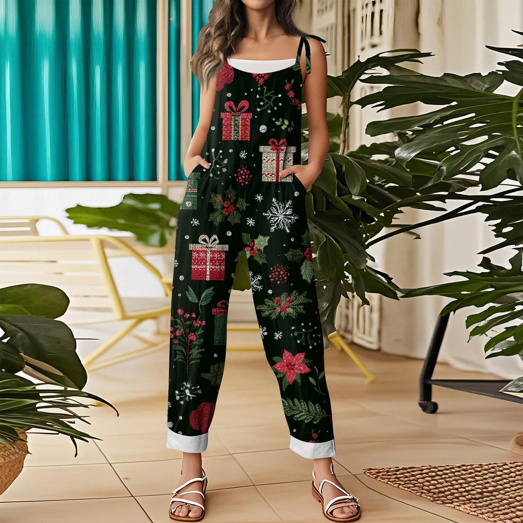 Damen Jumpsuit Print Casual Loose Vintage Schultergurt Baumwolle Leinen