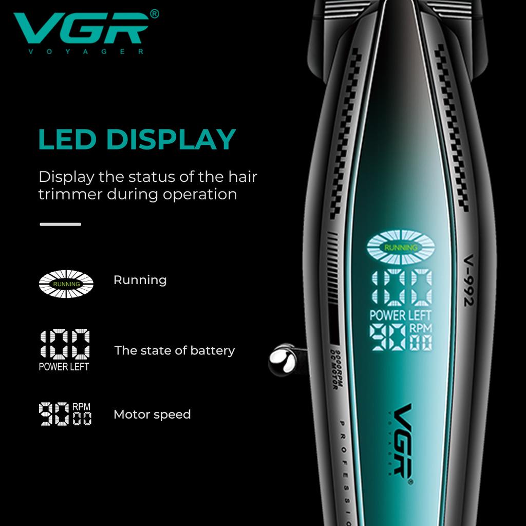 New VGR 9000RPM Powerful Electric Cordless Hair Clipper with Base Rechargeable Smart Digital Display LED LCD Shaver Hair Clipper Shape Carving V-992