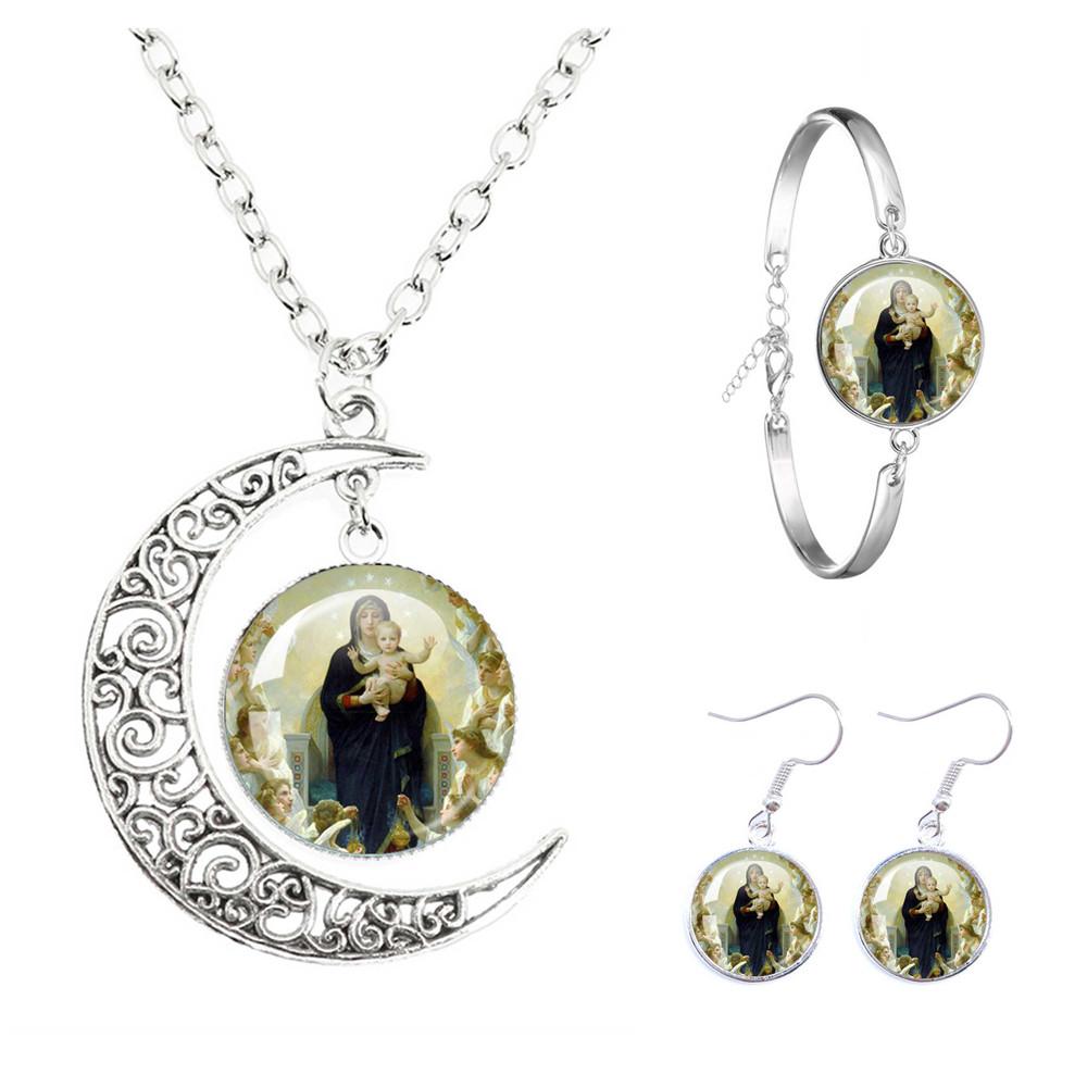 Virgin Mary And Baby Jesus Catholicism The Moon Necklace Earrings Bracelet Set Religious Glass Cabochon Pendant Gift Jewelry
