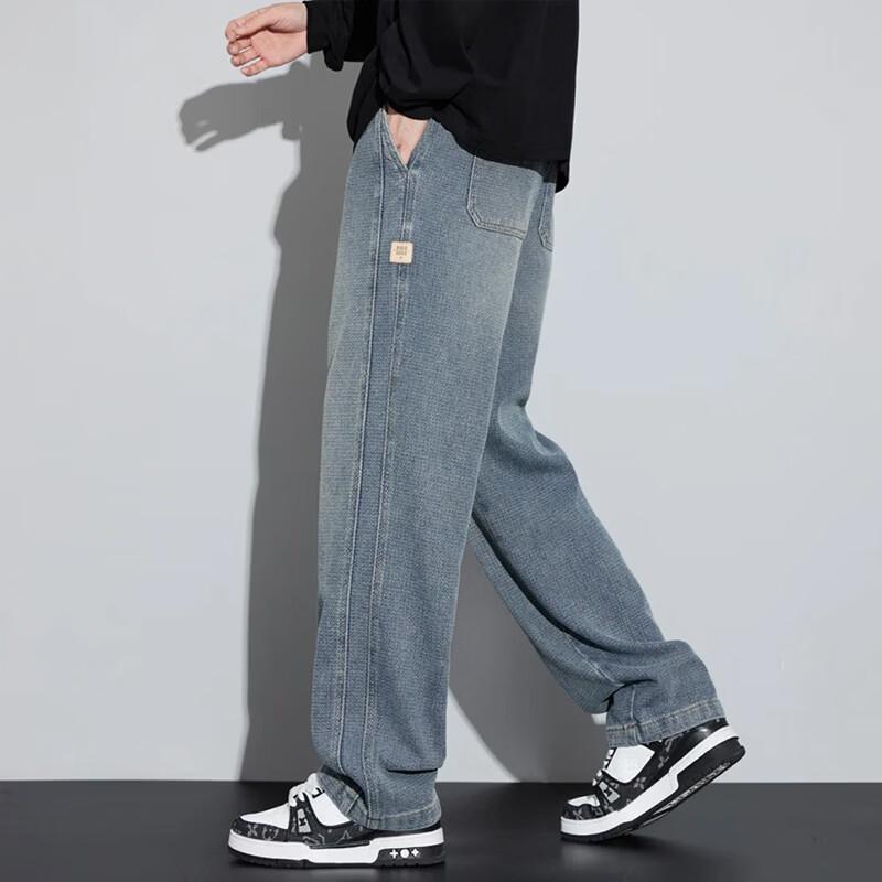 PLAYBOY Men's Denim Jeans Spring Autumn Loose Straight Leg American Style Drawstring Casual Pants Vintage Blue XL