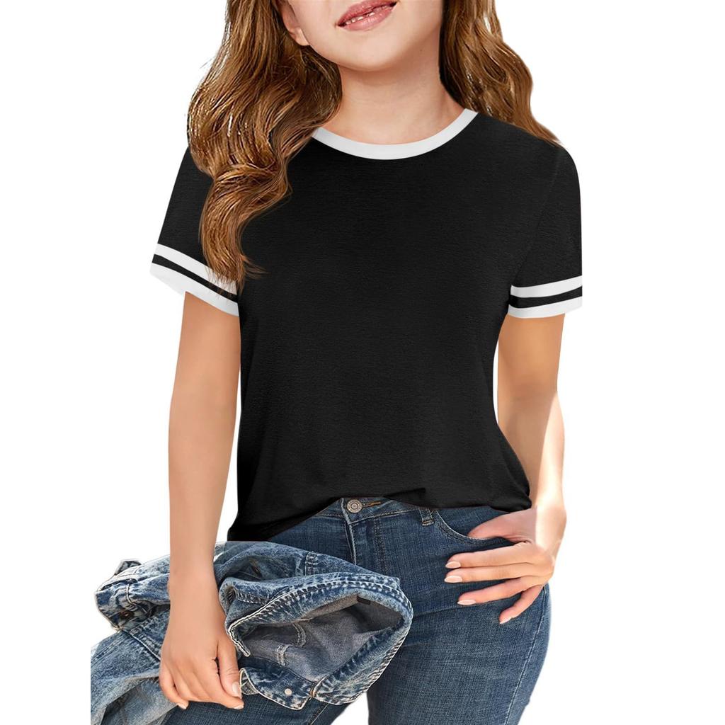 Girls Fashion Short Sleeve Round Neck Color Blocking Casual T-Shirt Top