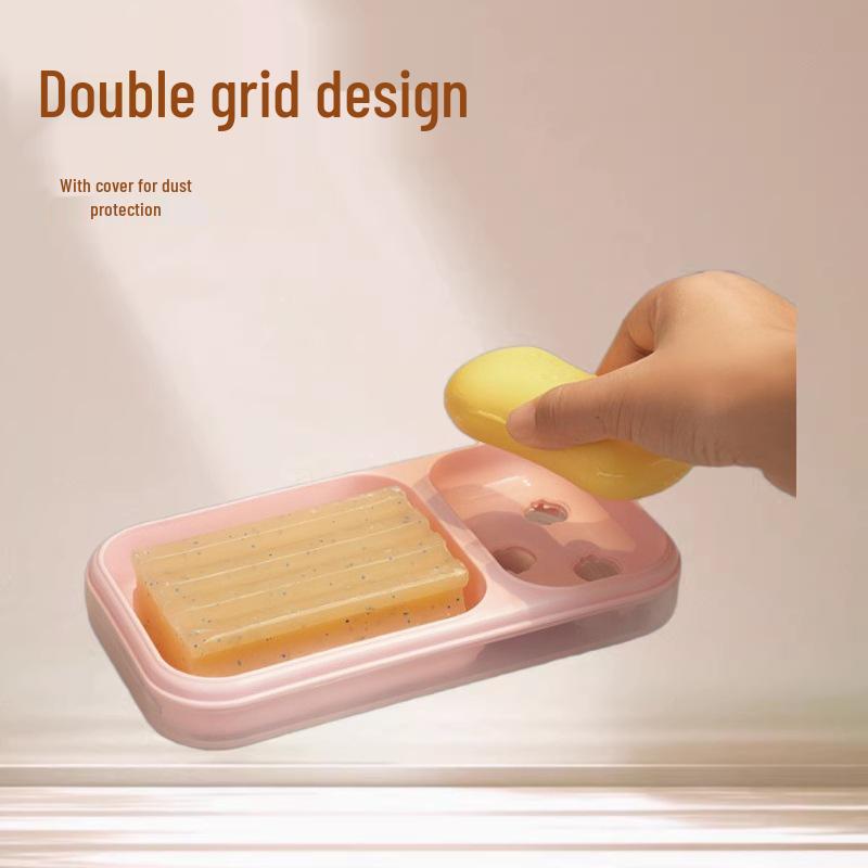 Double Layer Soap Dish with Lid and Drain, for Dorm Use, Multi-Compartment Design. Pink Double Soap Box