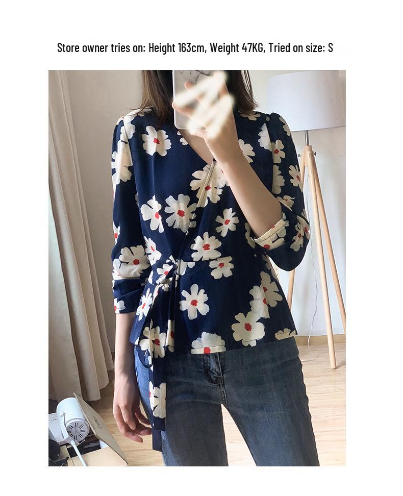Damen Retro Französischer Print V-Ausschnitt Wickeloberteil - Verspielt und Neu