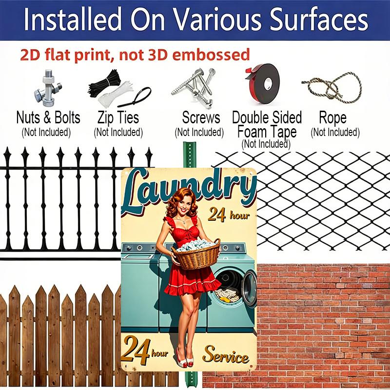 2D Flat, Vintage "Laundry 24 Hour Service" Pin Up Girl Aluminum Sign - Retro Laundry Room Wall Decor Laundry Room, Utility Room, Retro Home, Vintage
