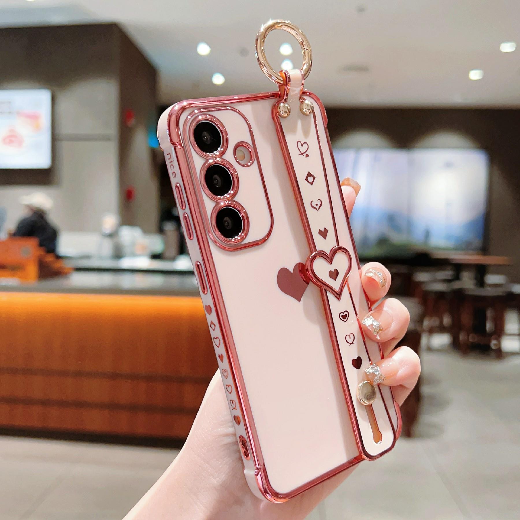 

For Samsung Galaxy S25 Case Wristband Kickstand Love Heart TPU Phone Cover Finger Holder Ivory White