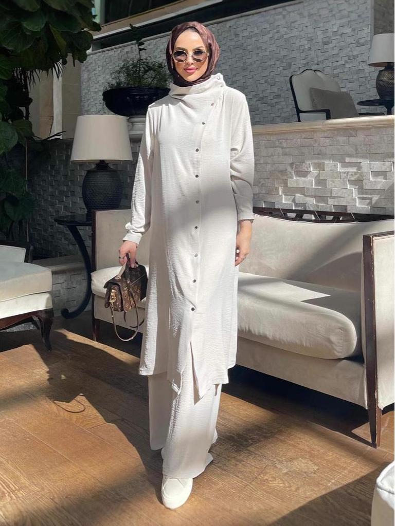 Women's Muslim Fashion 2024 Arabic Two-Piece Set: Long-Sleeve Shirt & Pants for Spring/Autumn