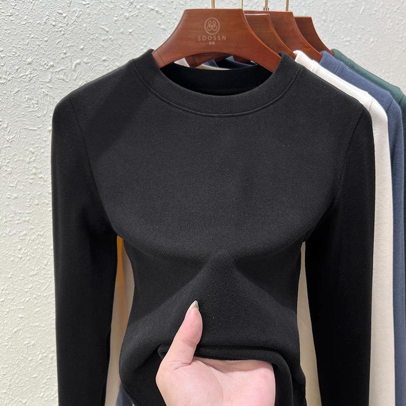 Crew neck German velvet bottoming shirt women's spring and summer new double-sided integrated velvet thickened slim-fitting long-sleeved inner top