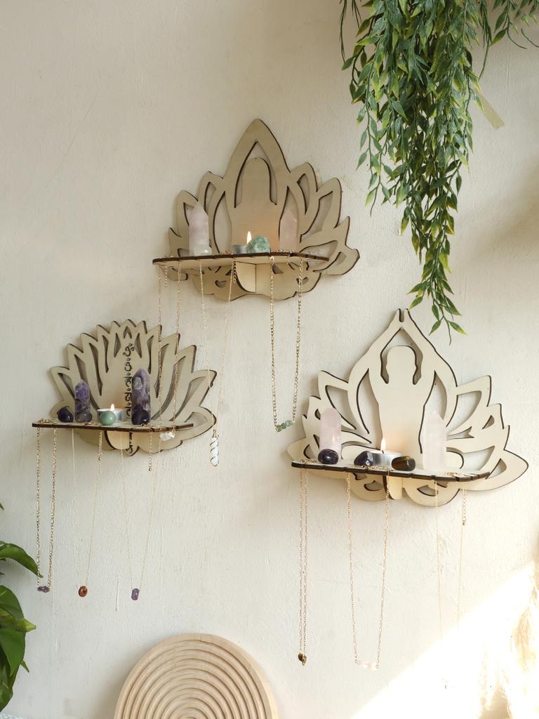 Lotus Ccrystal Shelf Display Black Wooden Wall Shelves Boho Floating Wall Shelf for Bedrooms Offices Living Room Aesthetic Gift