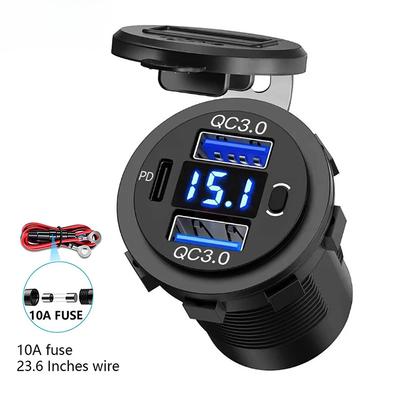 60W PD Dual QC 3.0 USB-Ladegerät mit digitalem Voltmeter, Schalter, Steckdose, Netzteiladapter, wasserdicht, 12V 24V Auto, LKW, Motorrad