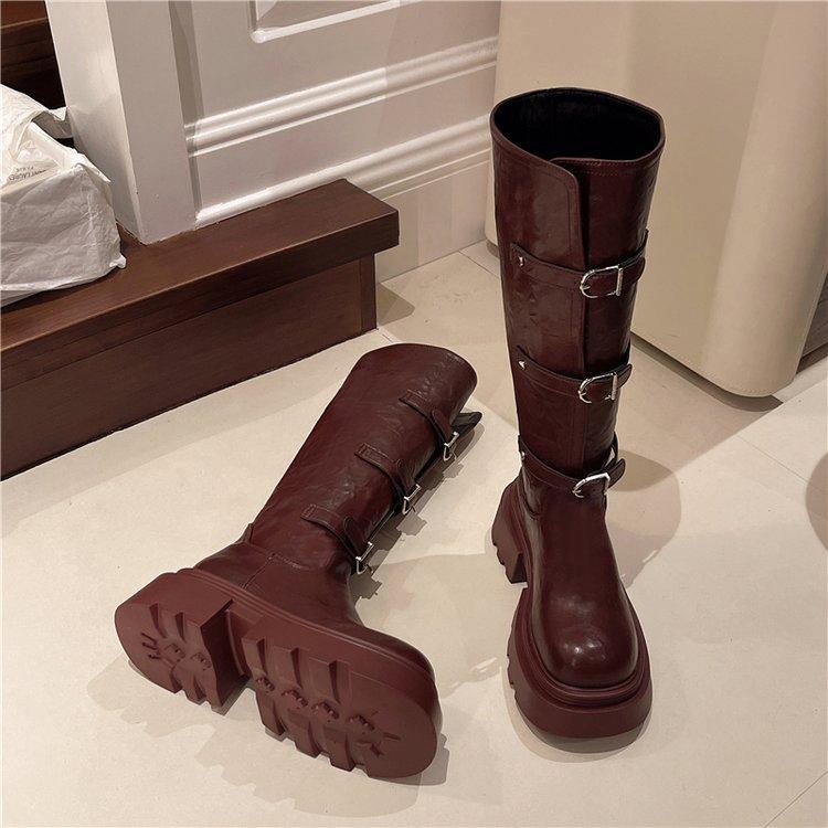 Thick Soled Long Tube Boots Women Autumn Winter 2025 New British Style Knight Boots Knee Length Buckle Slim and Tall Tube Boots