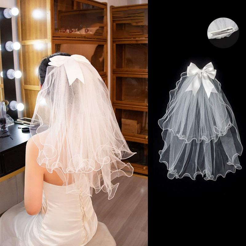 1 pièce Voile de mariée court bord dentelle Élégant nœud Perle Accessoires de mariage Double couche Tulle blanc pour femmes