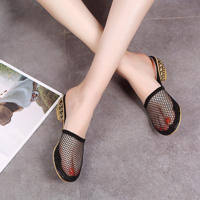 Pantoufles d'été pour femmes, mules sexy en maille, diapositives d'intérieur pour la maison, chaussures à bout carré pour femmes, sabots d'extérieur, sandales de plage, tongs 43