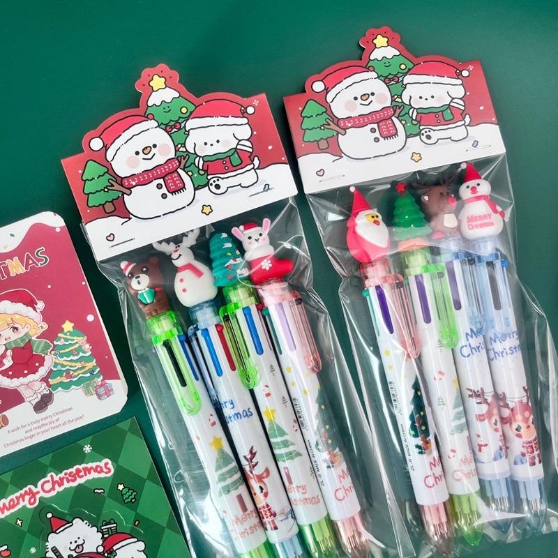 8 Pcs(2 Sets) Cartoon Christmas Ballpoint Pen Santa Colored Handbook Press Pen Student Christmas Gifts Stationery Prizes