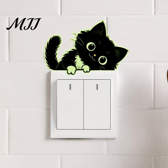 Removable PVC Wall Art for Kids Glow in The Dark Black Cat Sticker, Luminous Self-Adhesive Light Adhesive Cartoon Switch Surround Decal,