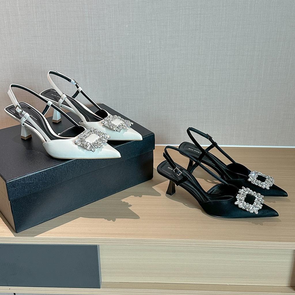 623-3 Rhinestone thin heel sandals women's new pointed rhinestone flower back empty fairy style high heels women's shoes