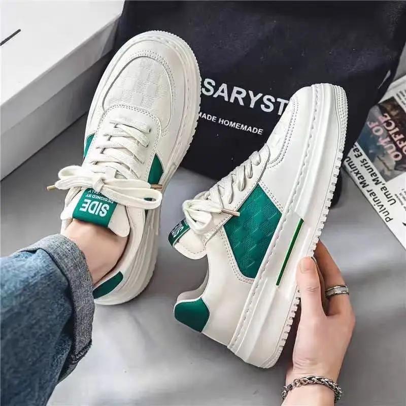 Men's Trendy Versatile Sports and Casual Leather Shoes Men's Thick Sole Heightening Small White Shoes 2024