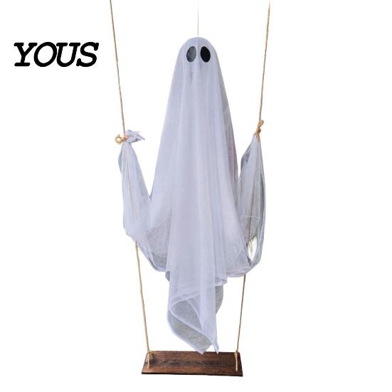 Swinging Ghost Light Halloween Decoration, Large Hanging Swing with LED String Lights, Button Battery Powered Figure for Outdoor Indoor Party
