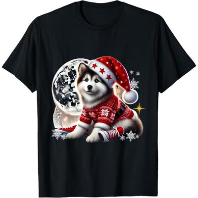 Festive Husky In Santa Hat Snowy Night Christmas T-Shirt