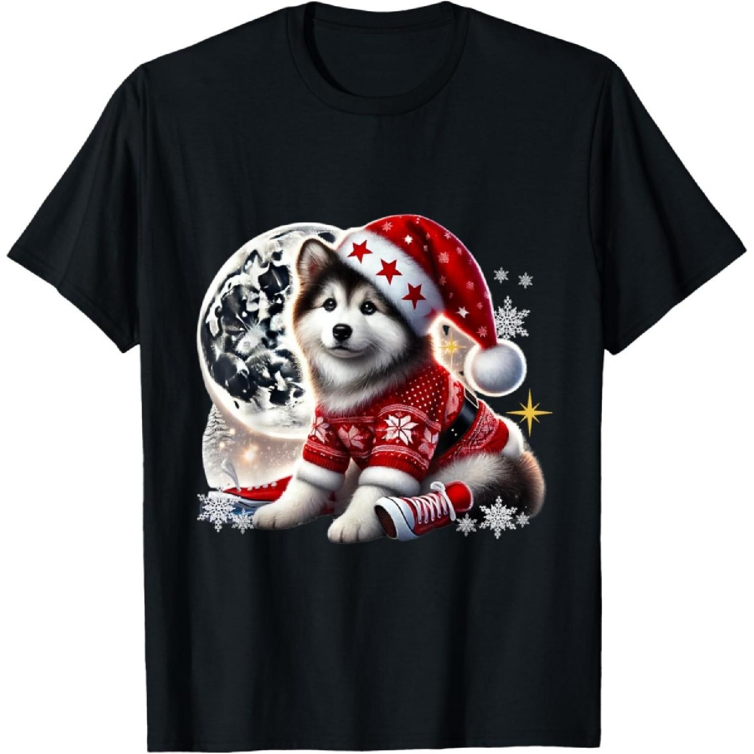 Festive Husky in Santa Hat Snowy Night Christmas T-Shirt S